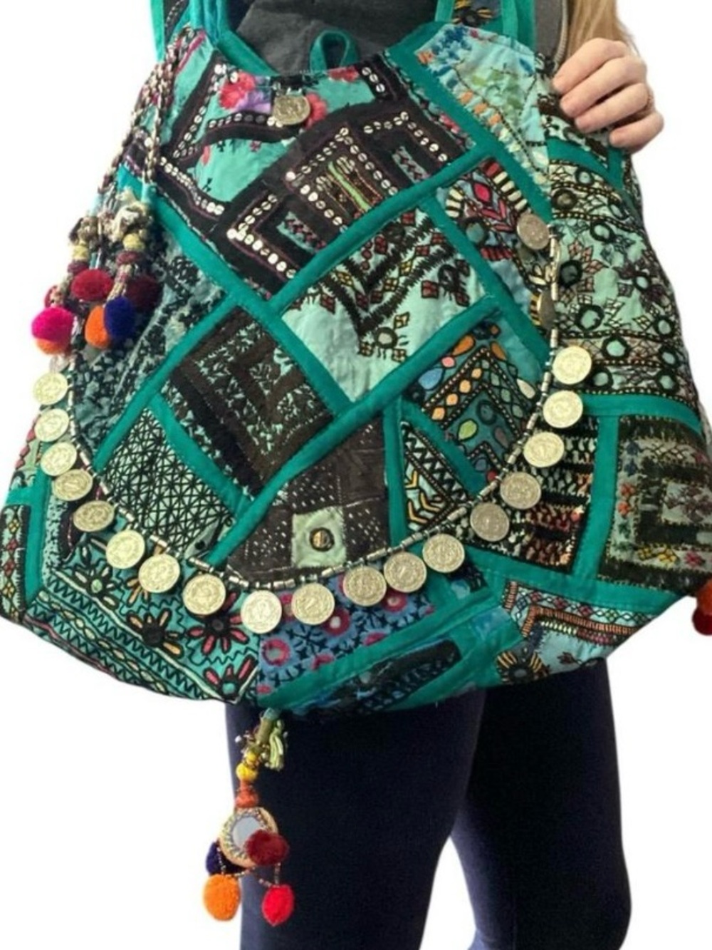 Gypsy 05 Boho Patchwork Teal Tote Bag with Coin Trim and Pom-Poms NEW with tags